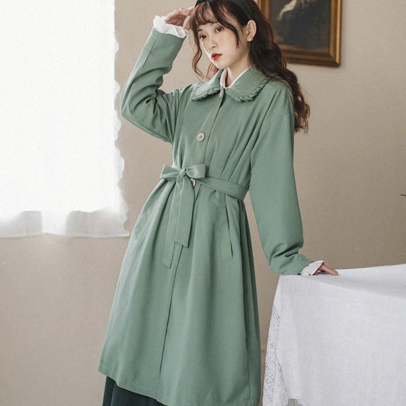 

Sweet Girly Autumn/Winter Korea Harajuku Trendy Girl Long Trench Coat High Street Punk Gentle Fairy Lolita Women Windbreaker, Green