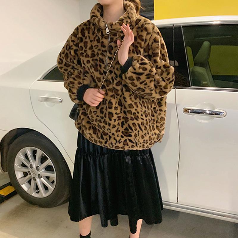 

Lucyever Fashion Leopard Faux Fur Coat Women Winter Warm Thick Oversize Furry Coats Korean Style Stand Collar Faux Fur Jacket