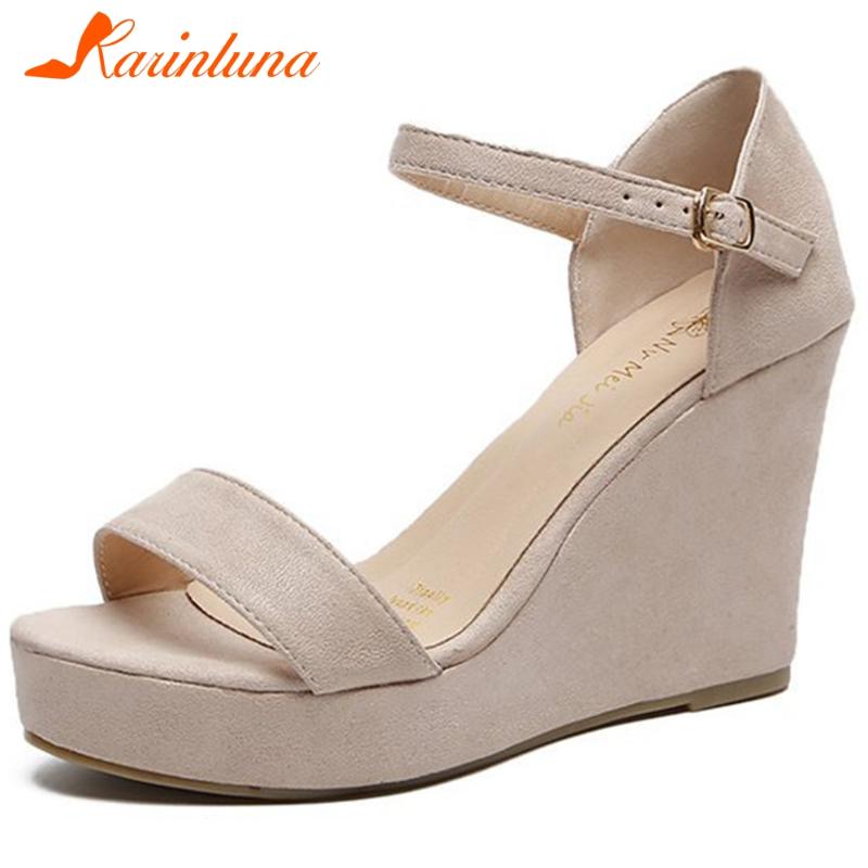 

KARIN Brand Elegant Girl Consise Summer Sandals Platform High Wedges Buckle Strap Cover Heel Sandals Women Shoes Woman, Beige