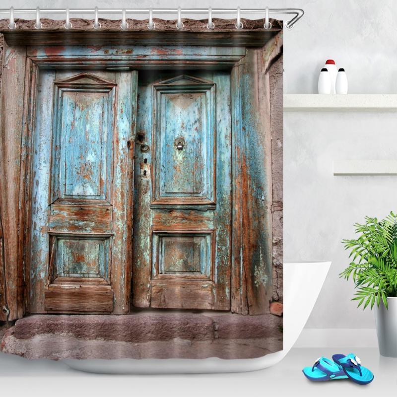 

Shower Curtain Retro Rustic Barn Wood Door Western Country Scenic Picture Print Mildew-proof Waterproof Home Decor Hooks Set1