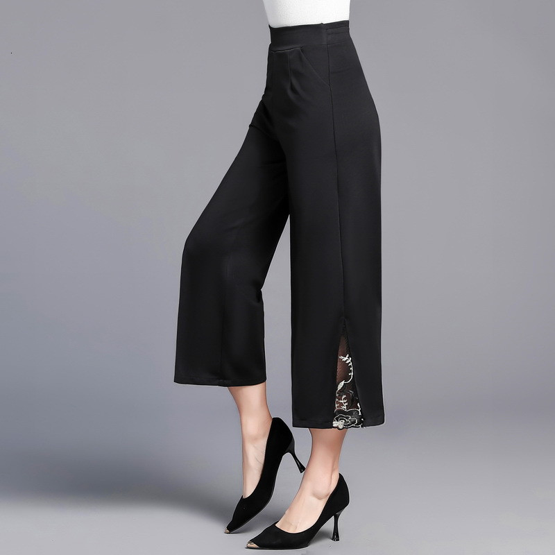 

2021 New Middle-aged Mother Wide Leg Summer Elastic High Waist Lace Patchwork Straight Pants Casual Women Trousers Y376 37yb, Black