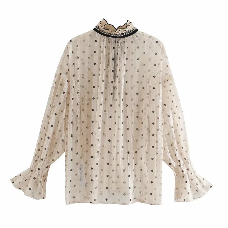 

2021 New Tops Polka Dot Semi-sheer Lace Sexy Top Vintage High Collar Long Sleeves Fashion Contrast Bow Tied Belt Female Blouses 4lrb, Champagne