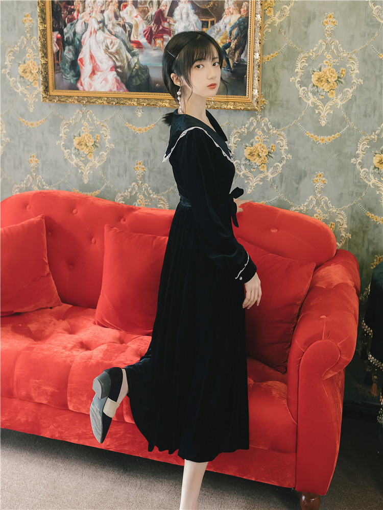 

Black Solid Vintage Velvet Long Women' Dress 2021 Spring Peter Pan Elegant Collar Mid-calf Female Lace Dressed in Full Sleeve Jvu8