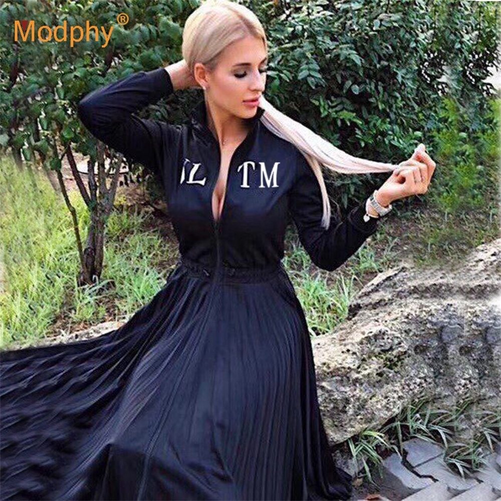 

2020 Women's Black Elegant Pleated Dress Long Sleeve Stand Collar Front Zipper High Waist Casual Dress Celebrity Party Vestidos LJ200818