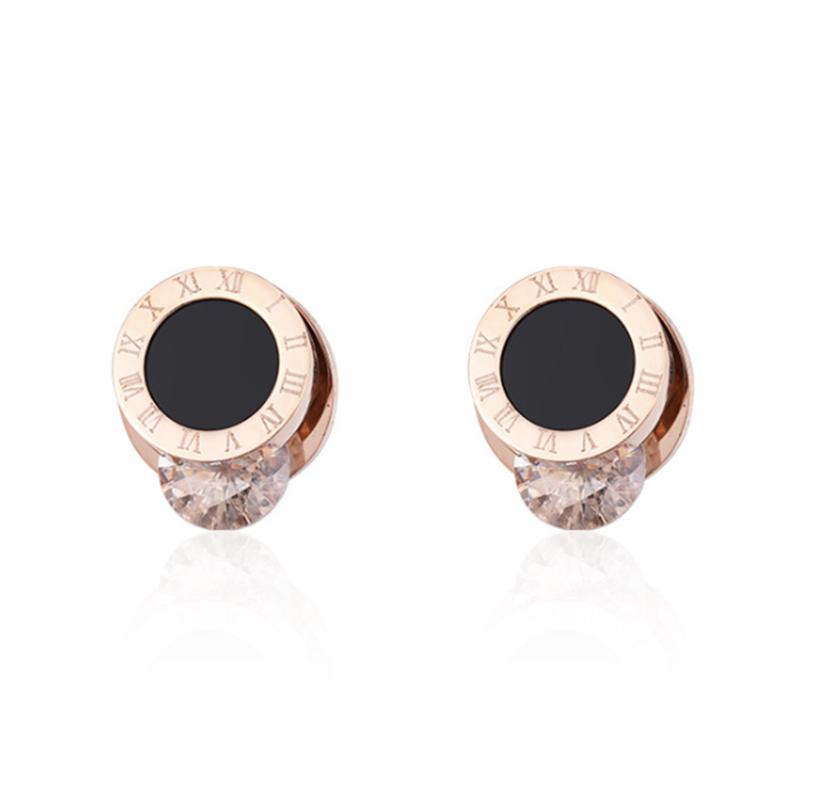 

Black Enamel Roman Numeral Round Zircon 316L Titanium Steel Rose Gold Earrings Creative Simple Fashion Earrings