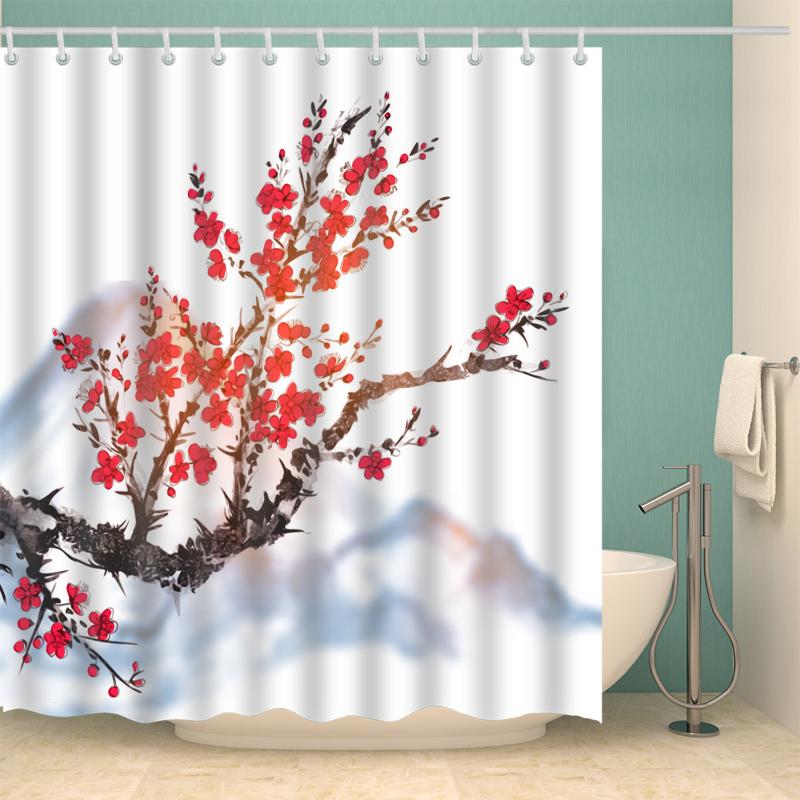 

Chinese style Plum blossom landscape Waterproof Polyester Bath Single Printing Shower Curtain for Bathroom Decor with 12 Hooks