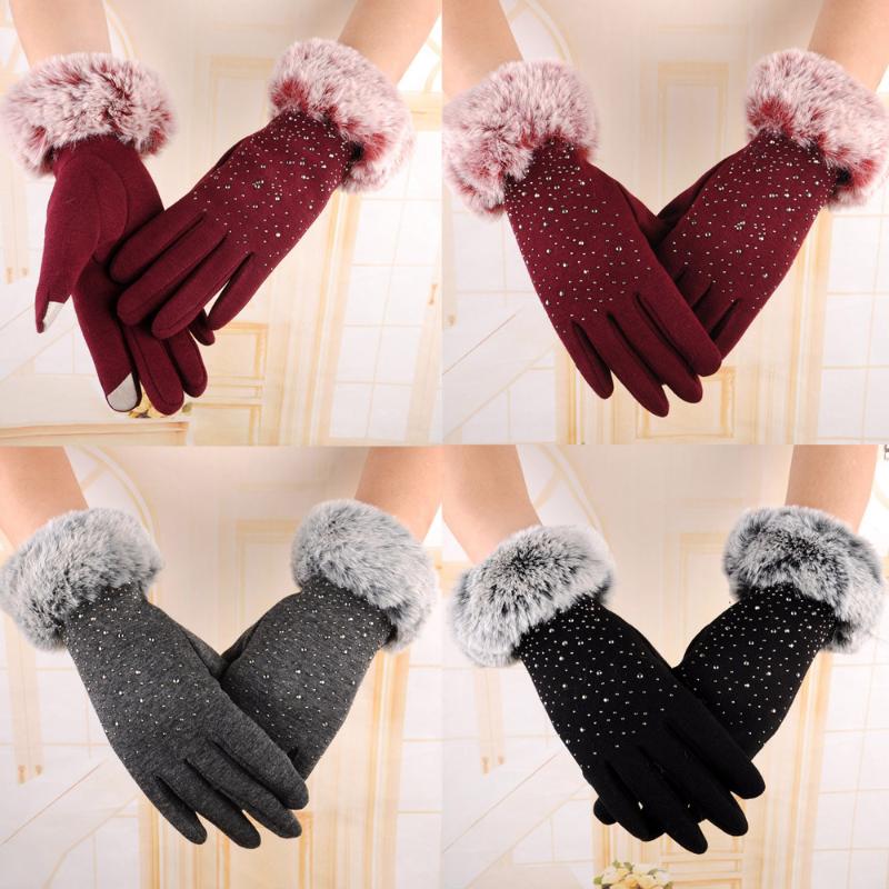 

Womens Fashion Winter Mittens Women Gloves Winter Outdoor Sport Warm Hair Mouth With Drill Gloves Señoras Guantes Calientes