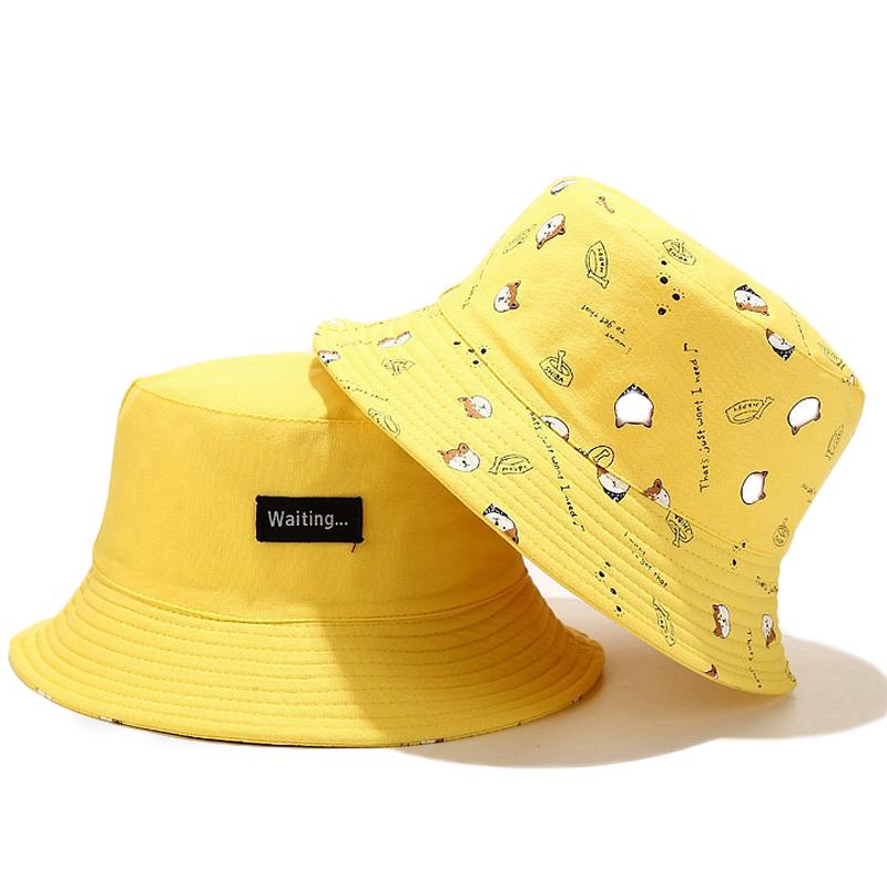 

Summer Girls Cotton Cute Double Sided Cartoon Dog Print Bucket Hat Fisherman Hat Outdoor Travel Sun Cap Hats For Women, White