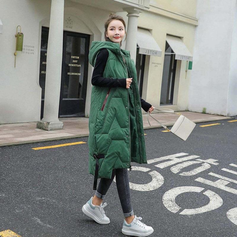 

Large size Down Jacket Vest Women Solid Color Sleeveless Thicken Keep Warm Vest Hooded Zipper Long Coat Autumn And Winter Warm, Wh