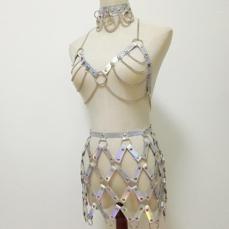 

Women Punk Harness Holographic Laser Leather Handmade Body Bondage Sexy fishnet skirt Chest belt fashion choker silver Chain Bra1