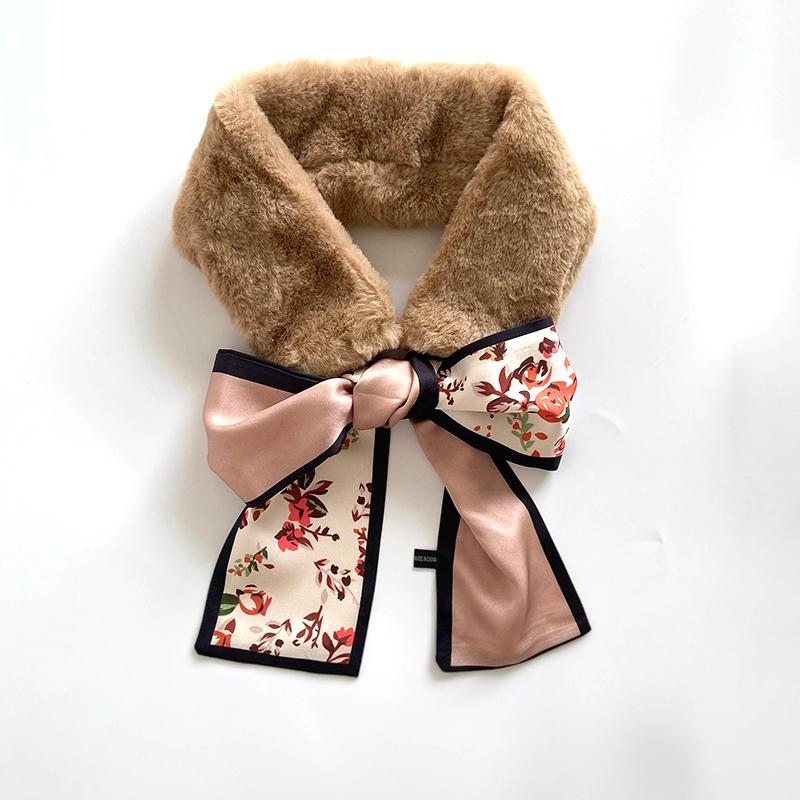 

2020 Autumn Winter Warm Fake Fur Collar Scarf For Women Poka Dot Ribbon Neckerchief Scarves For Ladies Luxury