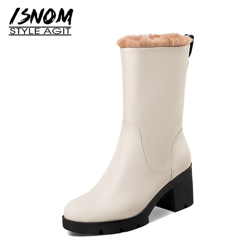 

ISNOM Cow Leather Furry Boots Women Mid-Calf Boot Woman Thick High Heels Shoes Female Round Toe Fashion Shoes Ladies Winter 2020, Black