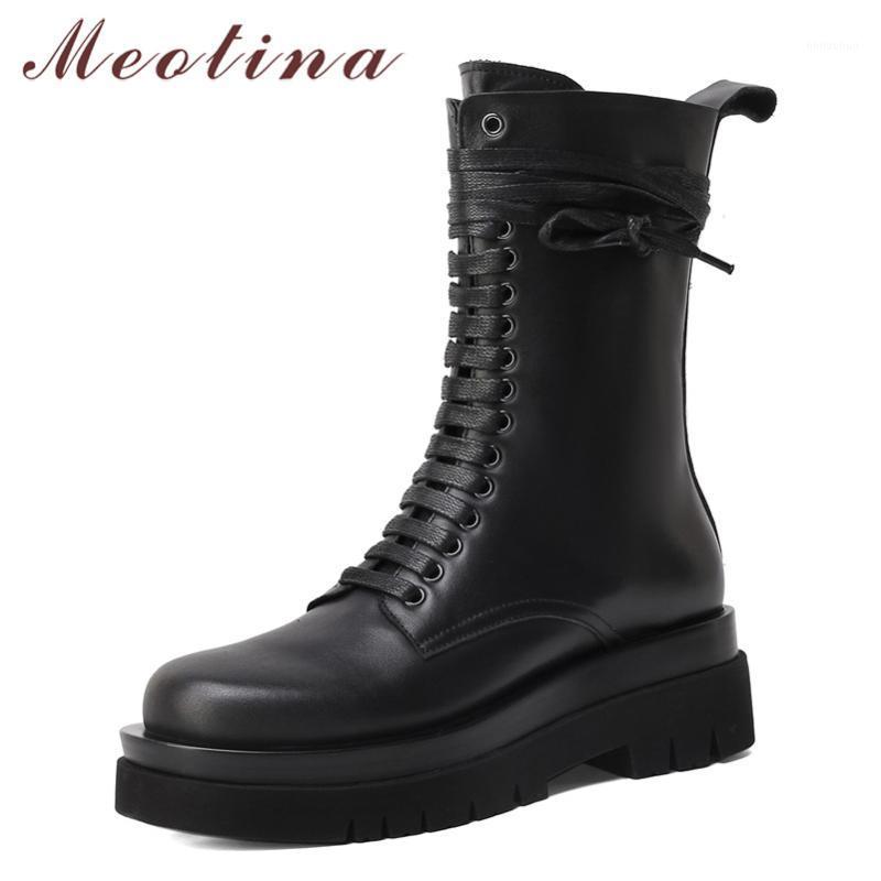 

Meotina Platform High Heel Mid Calf Boots Women Real Leather Motorcycle Boots Lace Up Chunky Heel Shoes Zip Ladies Size 411, Black sythetic lin