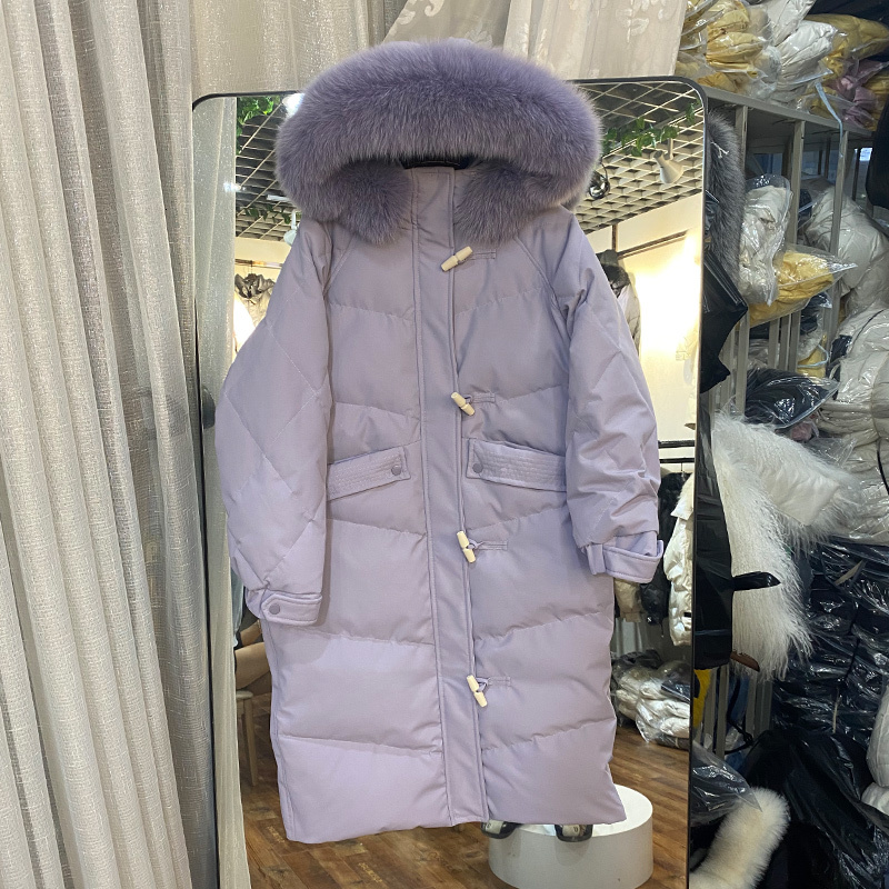 

2021 New Female Great of Royal Skin 90% White Down Parka Thick Hot Snow Horn Jacket Outwear 8SHV, Purple in the fur