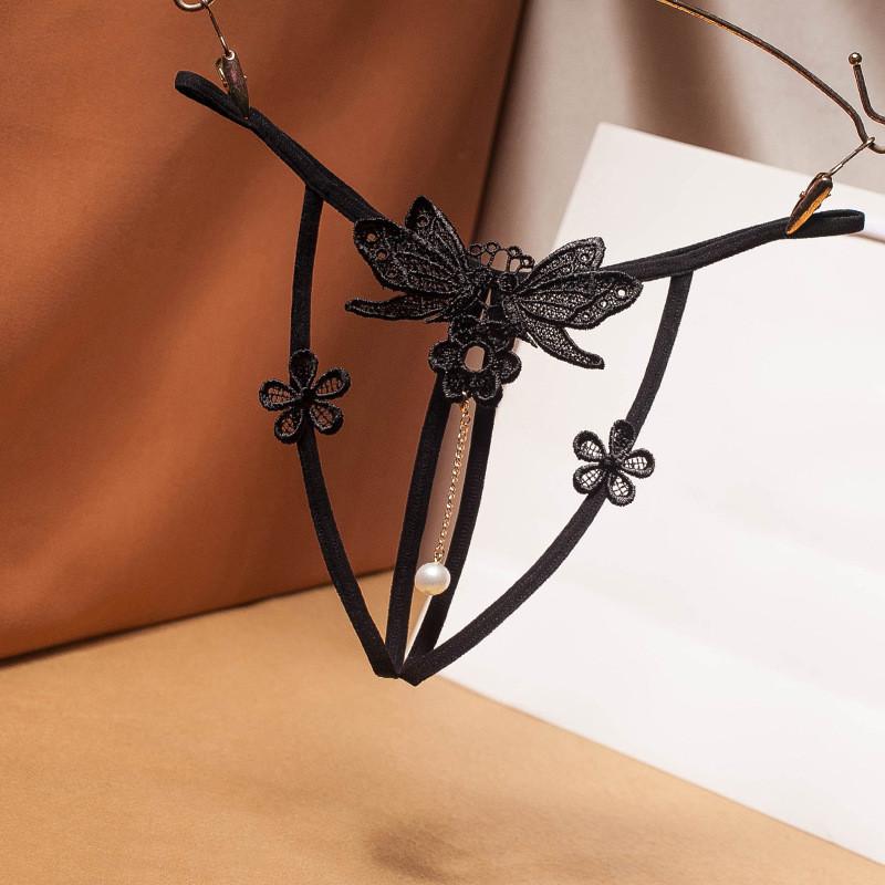 

Women Lingerie Sexy Erotic G-string T-Back Underpants Briefs Lace Tassel Pearl Underwear Crotchless Pants Open Crotch Panties, Black