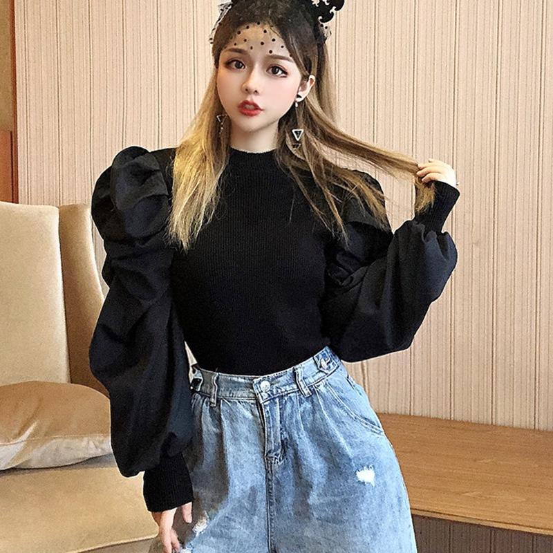

Fashion Women Spring Bubble Lantern Sleeves Blouse Closed Threaded Long-sleeved Stitching Shirt New Arrivals 2021