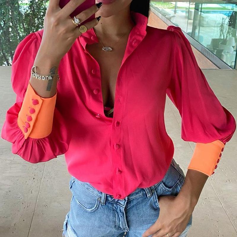 

2020 New Fashion Elegant Women Blouse Shirt Long Sleeve Stand Collar Single Breasted colorblock Casual Blouses1, Black