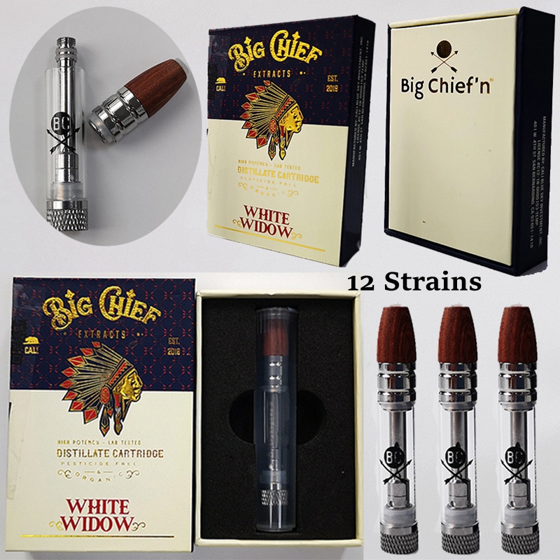 

12 Strains Big Chief Vape Cartridges 0.8ml Wood Tip Atomizers Ceramic Coil 510 Thread Dab Pen Wax Vaporizer Empty Glass Thick Oil E Cartridge