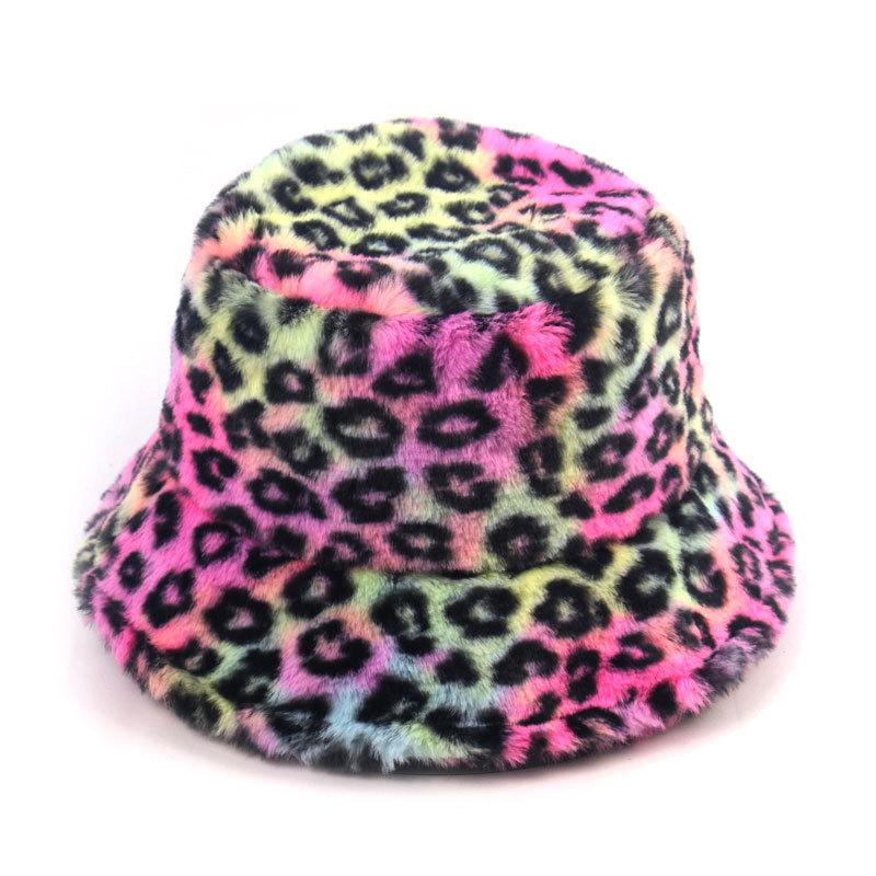 

Femal Colorful Leopard Print Bucket Hat Winter Women Furry Warm Travel Cap Streetwear Fashion Casual Hats Outdoor Hip Hop Hats