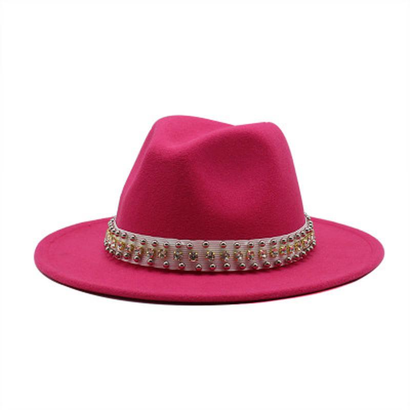 

winter hats fedora with band bead belt luxuru hand made women hats solid wide brim formal dress wedding fascinator fedora, Pink