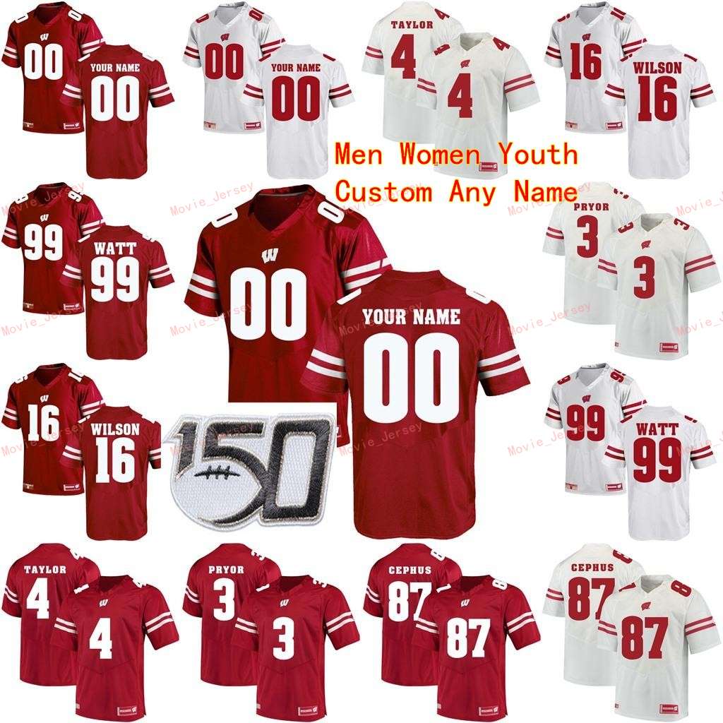 

Stitched Custom 37 Garrett Groshek 4 AJ Taylor 42 TJ Watt 45 Alec Ingold Wisconsin Badgers College Men Women Youth Jersey, Youth white with 150th patch
