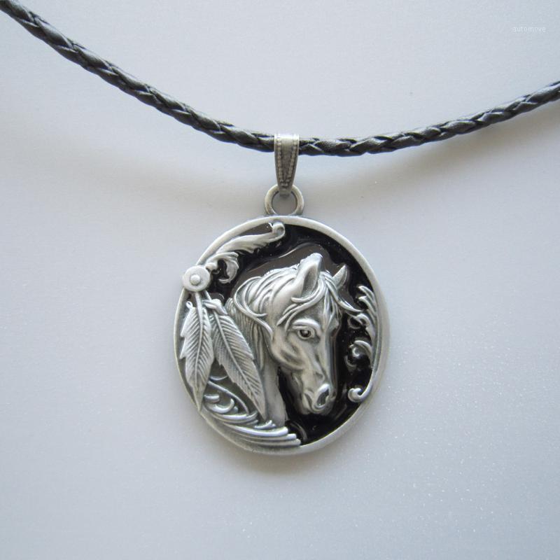 

New Classic Black Enamel Western Horse Oval Metal Charm Pendant Leather Necklace Neck Tie also Stock in US1