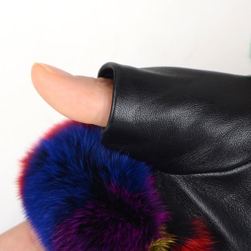 

Women Winter Faux Leather Half Finger Gloves with Colorful Fluffy Plush Trim U90E1