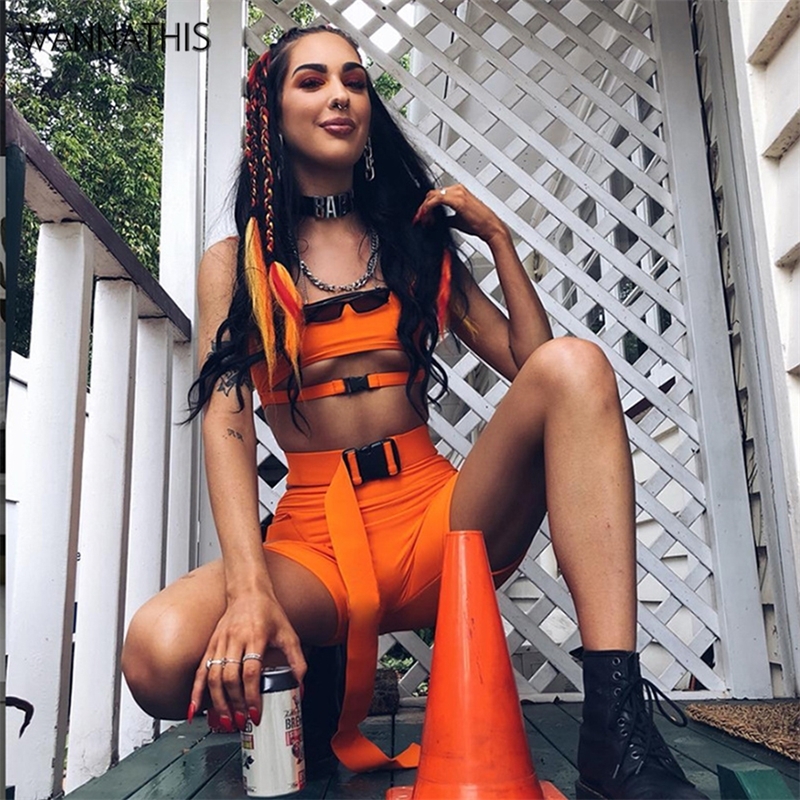 

2 Piece Sets Women Crop Tops and Shorts Buckle Sexy Club Sleeveless Bodycon Festival Summer Hollow Out Party Female Clothing T200325, Orange