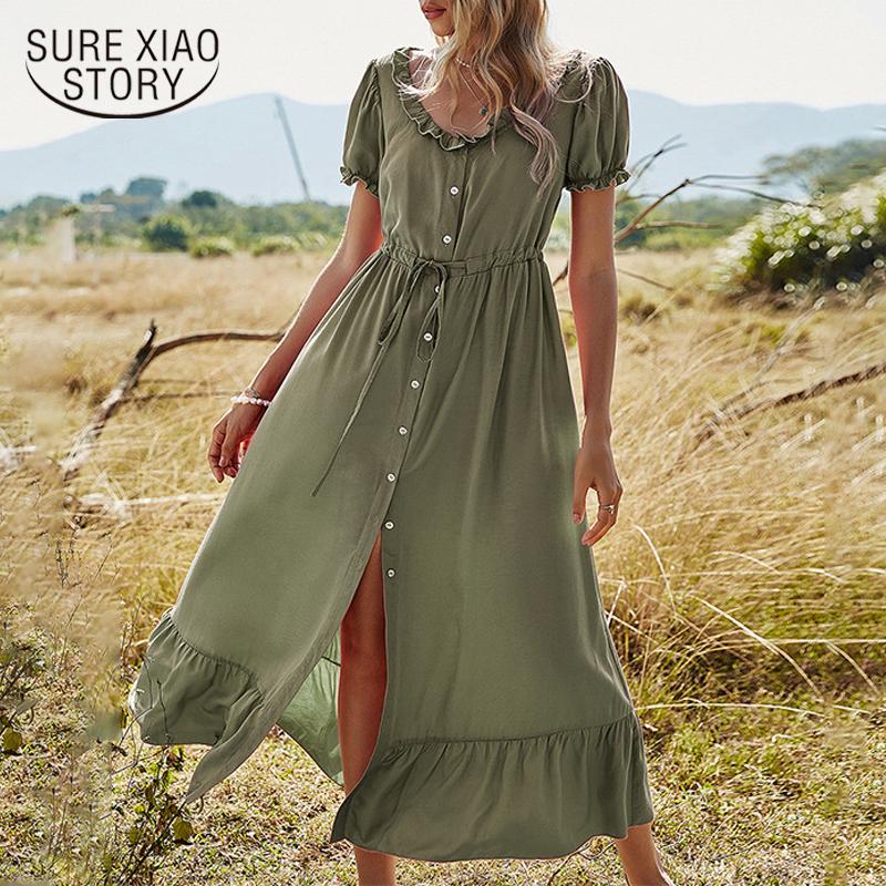 

Casual Dresses 2022 Vintage Buttons Long Dress Spring Shirt For Women O Neck Short Sleeve Fashion Clothing Summer Robe 18467, Black;gray