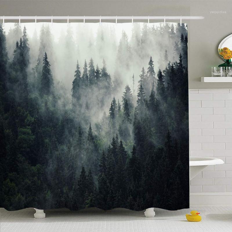 

Shower Curtain Set with Hooks 72x72 Vintage Hiking Season Misty Foggy Mountain Landscape Fir Forest Nature Parks Dark indoor1