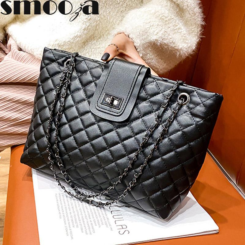 

SMOOZA Shoulder Bag For Women Lingge Embroidery Thread Large Capacity Handbag 2021 New Trendy Fashion Chain Underarm Tote Bags, Black