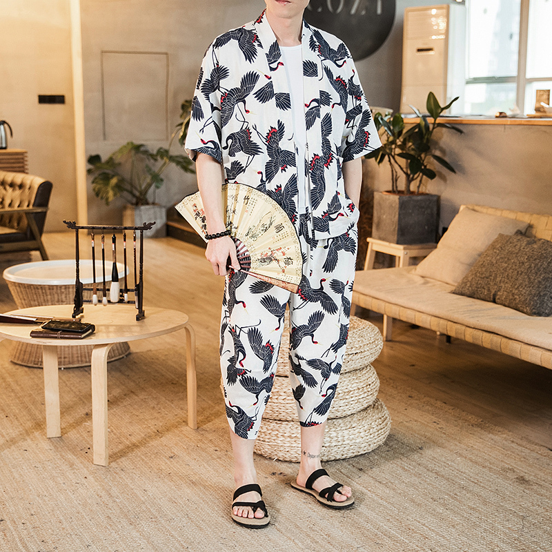 

2021 New Tracksuit Crane Harajuku Tracksuite Half Sleeve Kimono Jacket +pant 2 Piece Set Summer Clothes for Men Short Sets Uvek
