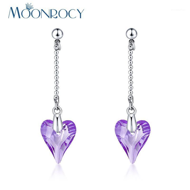 

MOONROCY Silver Color Jewelry Wholesale Purple Pink Blue Red Crystal Heart Long Drop Earring for Women Girls Drop Shipping1