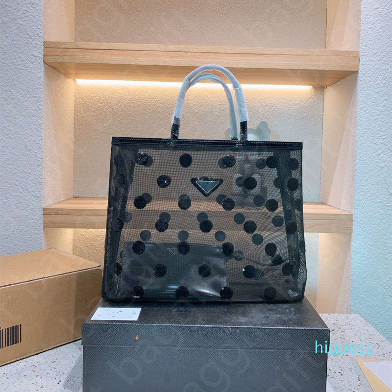 

Designer- Polka-dot mesh tote bag Black Embroidered sequin polka dot motif handbag Leather zipper pouch Purse Wallets Cross body Nylon