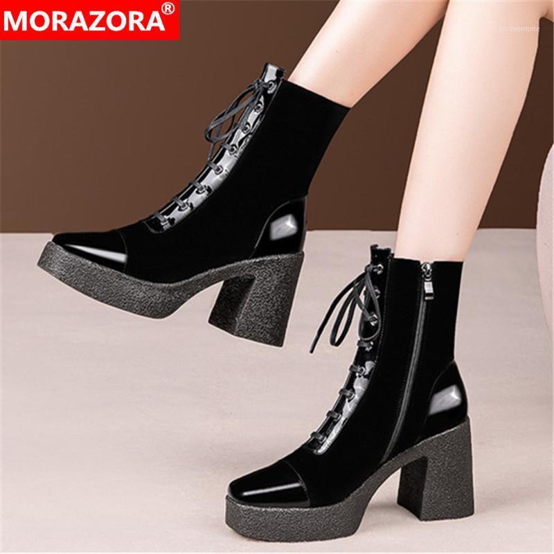 

MORAZORA 2021 New arrival ankle boots fashion lace up high heels boots for woman genuine leather black color ladies shoes1, Black short