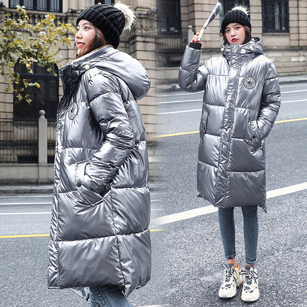 

New Women Down Chic Warm Long Coat Female Parka Hooded Solid Color Bright thick Jacket Oversized Winter snow coats, Black
