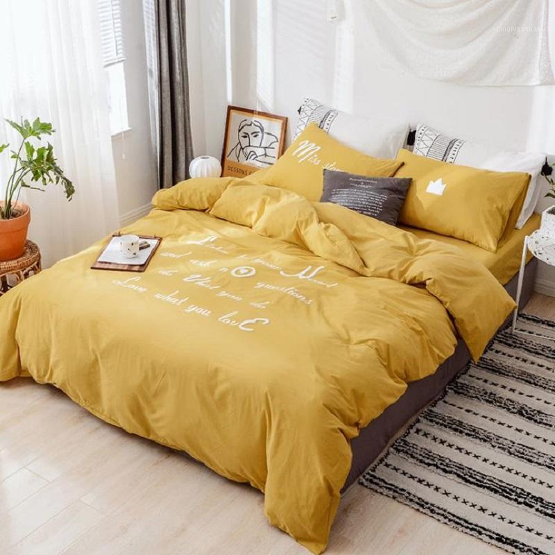 

Pure Cotton Washed Cotton Bed Set Duvet Cover Flat Fitted Bed Sheet Pillowcases Solid Ginger Yellow Grey White Pink AB Side1