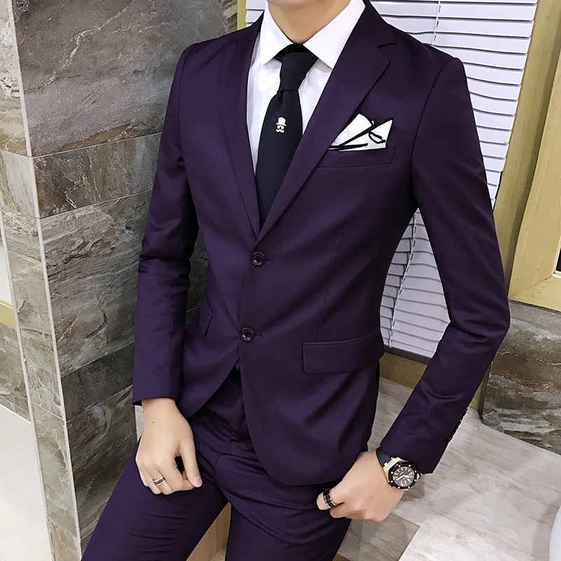 

2021 New Purple Suit Fashion British Style Men's Slim Solid Color Business Suit, High-grade Gentleman Leisure Two-piece 67y8, Red