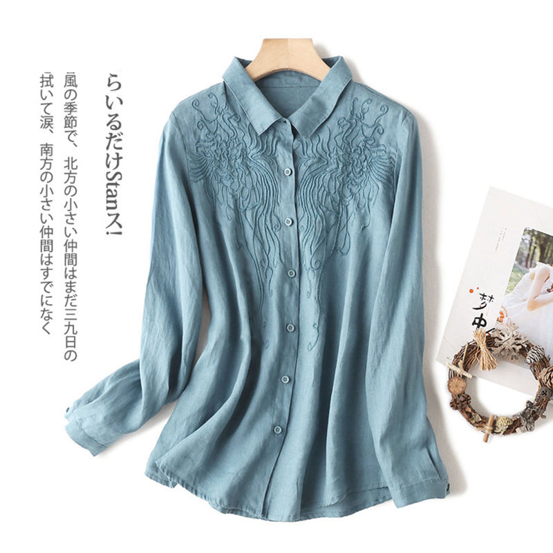 

2021 New 100% Natural Cotton Embroidered Shirt Spring Summer Lapel Literary Long Sleeve Blouse Women Tops Plus Size Blusas Ubjc, Brown