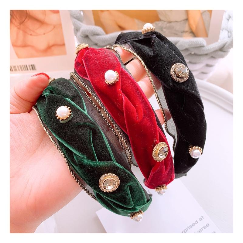 

Korea Original Vintage Pearl Rhinestone Hairband Women Luxury Mesh Fabric Broad Headband Fashion Hair Accessories Headwear