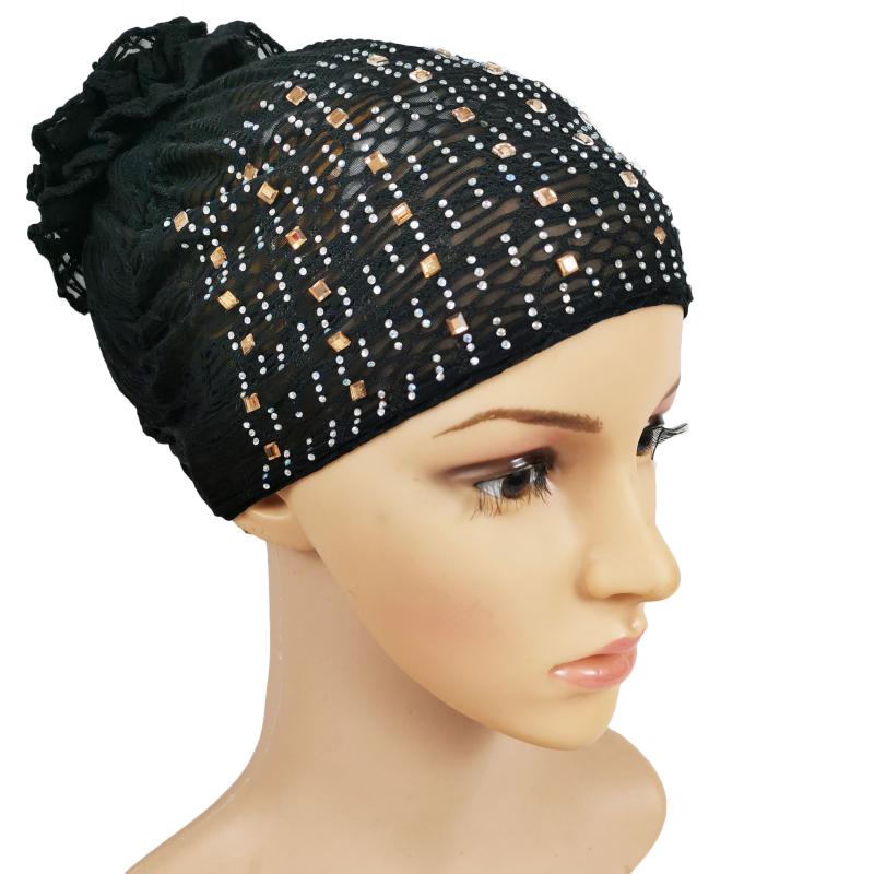 

Beanie/Skull Caps 2021 Spring/Summer Lace Thin Section Rhinestone Two-color Plate Flower Hat Trend Muslim Turban Baotou Cap Nightcap, 10