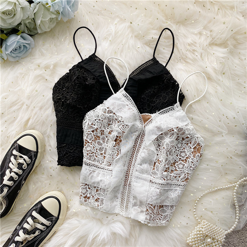 

2021 New Beautiful back sling camisole thin lace wrap underwear female student anti-glare bra AORY, White