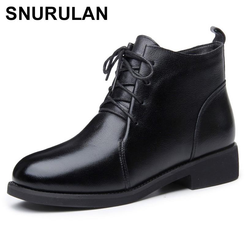 

SNURULAN Women Boots Genuine Leather Round Toe Square Heel Ankle Boots Women Winter Warm Snow Casual Leather Shoes, Black