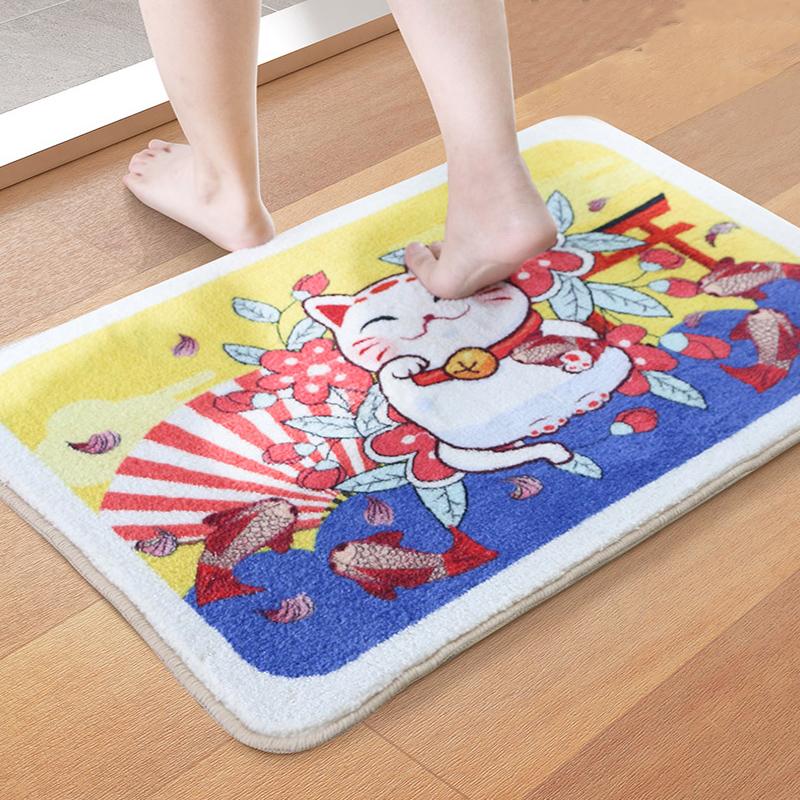 

Door Mat Polyester Carpet Bedroom Kitchen Bathroom Non-slip Mat Cartoon Lucky Cat Print Absorbent Foot, Lucy cat