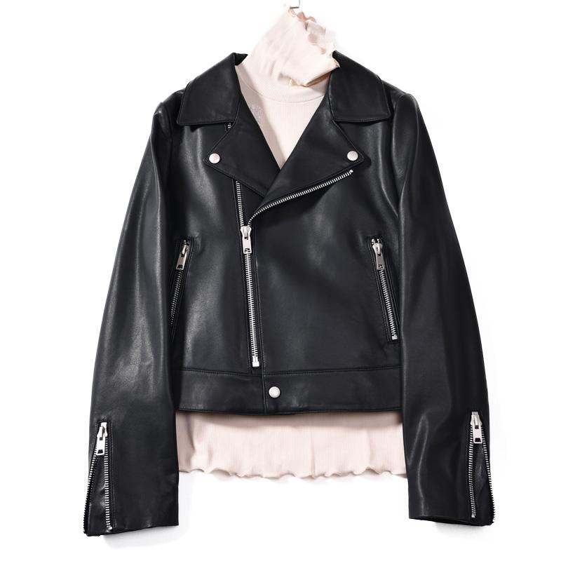 

MAOMAOFUR Genuine Leather Coat Women Sheepskin Real Leather Jacket Female High Quality Motorcycle Jacket, Black