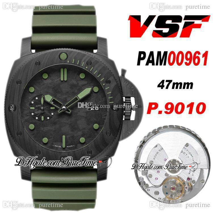 

VSF 47mm VS961 P.9010 P9010 Automatic Mens Watch Carbon Fiber Case Black Dial Green Markers VS00961 Green Rubber Super Edition PTPM Puretime
