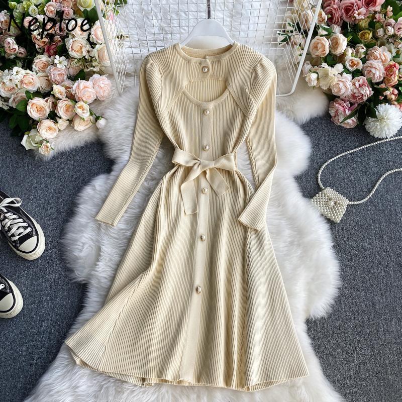 

Neploe A-line Solid Vestidos Solid Hollow Out Sexy Knitted Robes Hiver High Waist 2020 Autumn Winter Midi Dresses Women, Black