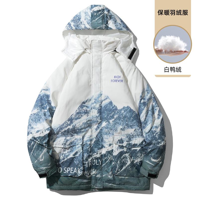

Winter wear loose snow mountain new digital print 2020 men down jacket down jacket thickening, See chart