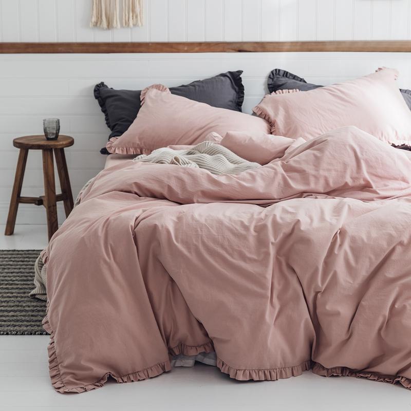 

Washed cotton princess style four-piece bedding set simple frilled solid color bed sheet bed linen 2 euro, Pink