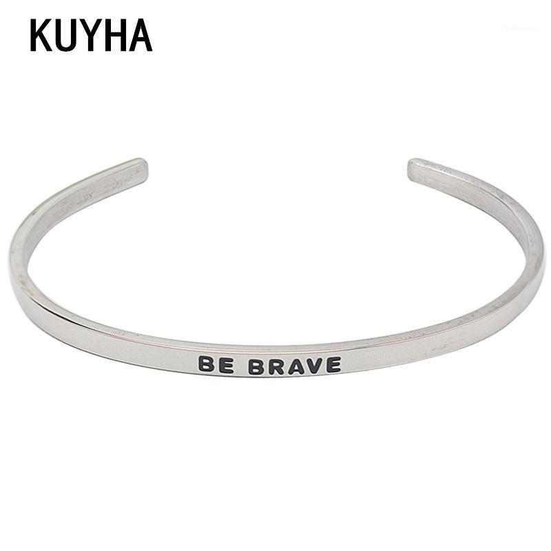 

3MM Wide Fashion Silver Color Bracelets Engraved BE BRAVE Women Jewelry Stainless Steel Bangles Bracelets1